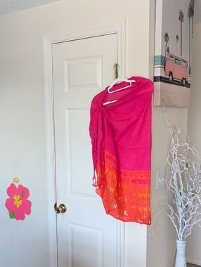 Pink Ombre Lightweight Scarf with Orange Border